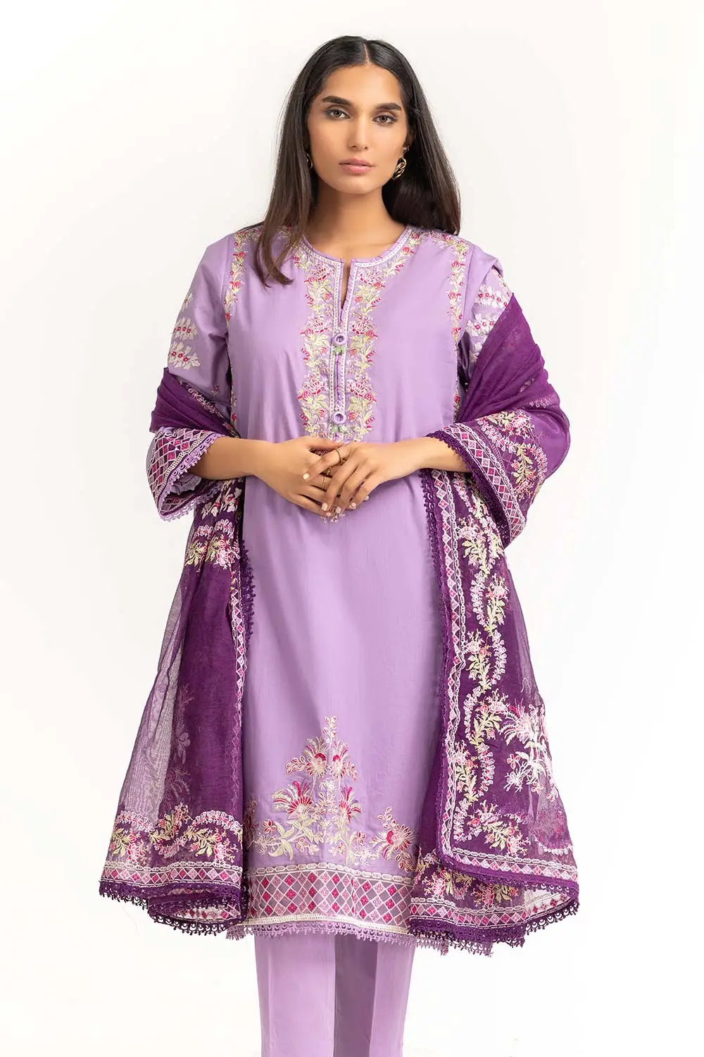 Embroidered Dyed Cambric Tunic and Pants with Matching Dupatta