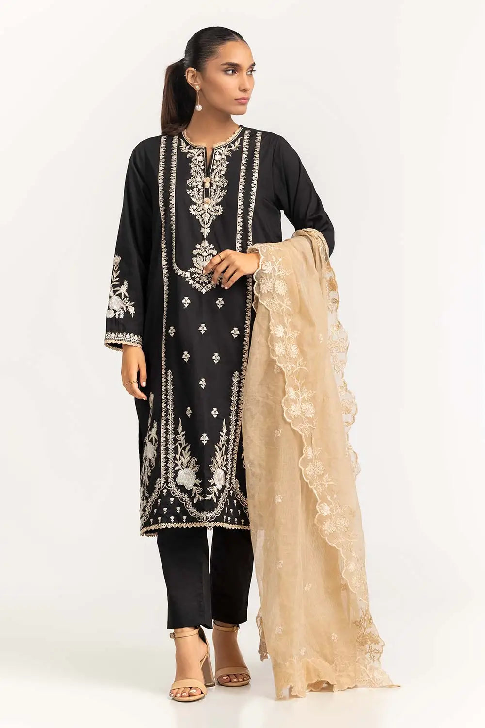 Dyed Cambric Embroidered Tunic and Pants with Coordinating Dupatta.