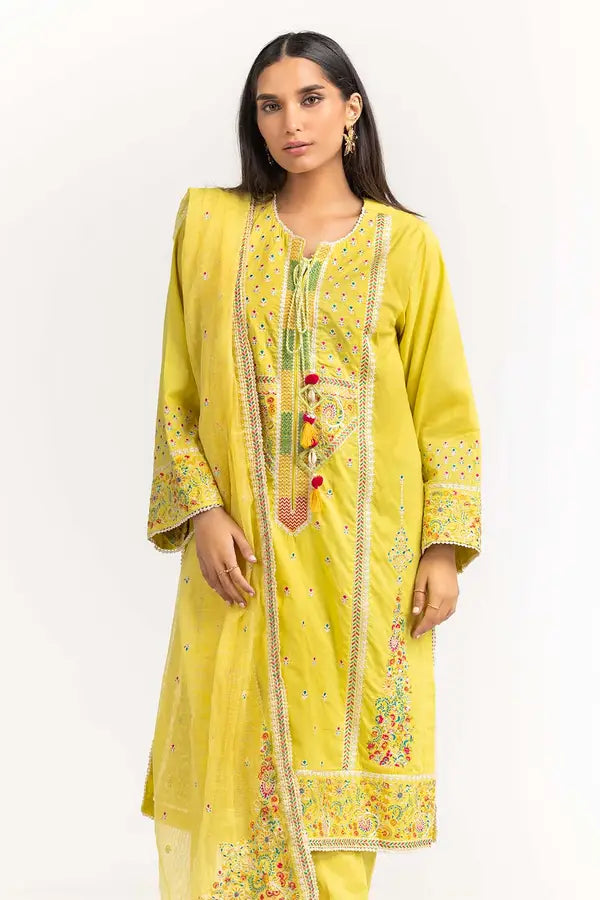 Dyed Cambric Embroidered Shirt and Pants with Matching Dupatta.