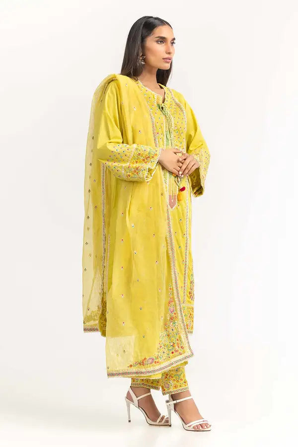 Dyed Cambric Embroidered Shirt and Pants with Matching Dupatta.