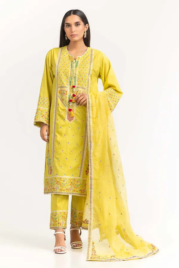 Dyed Cambric Embroidered Shirt and Pants with Matching Dupatta.