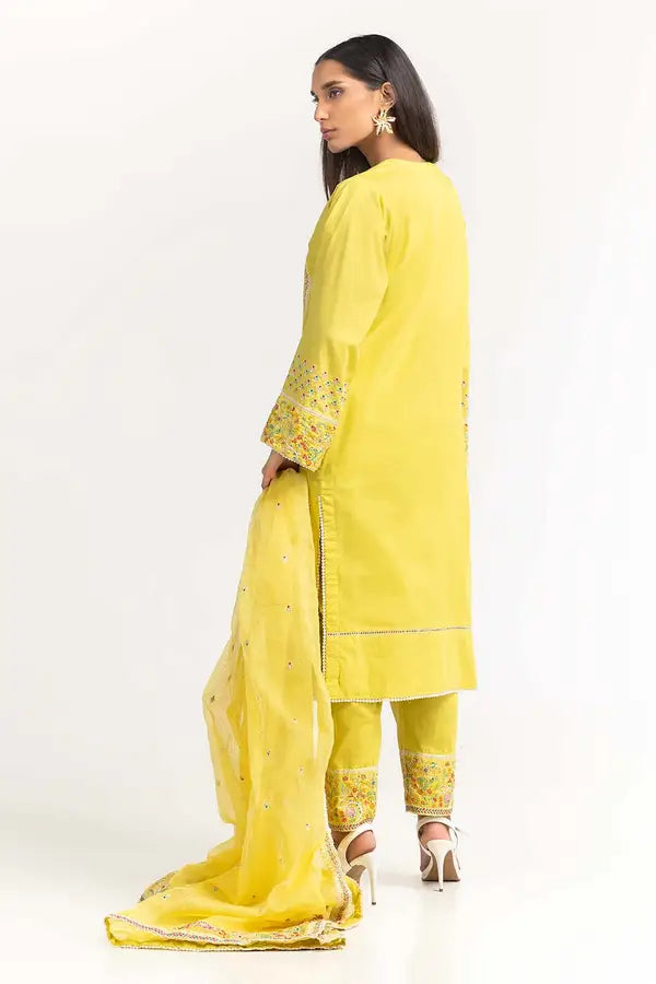 Dyed Cambric Embroidered Shirt and Pants with Matching Dupatta.