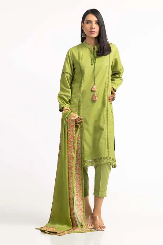 Dobby Dyed Shirt and Trousers Paired with an Embroidered Dupatta.