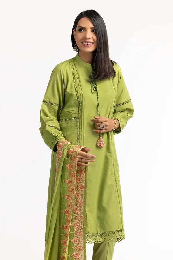 Dobby Dyed Shirt and Trousers Paired with an Embroidered Dupatta.