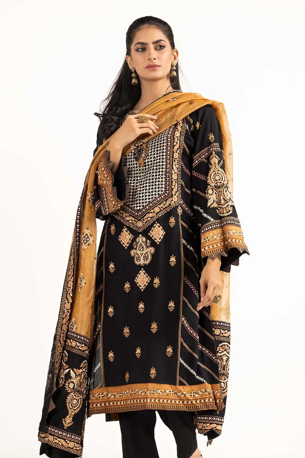 Tehwaar Raw Silk Block-Printed Shirt & Trousers with Matching Dupatta