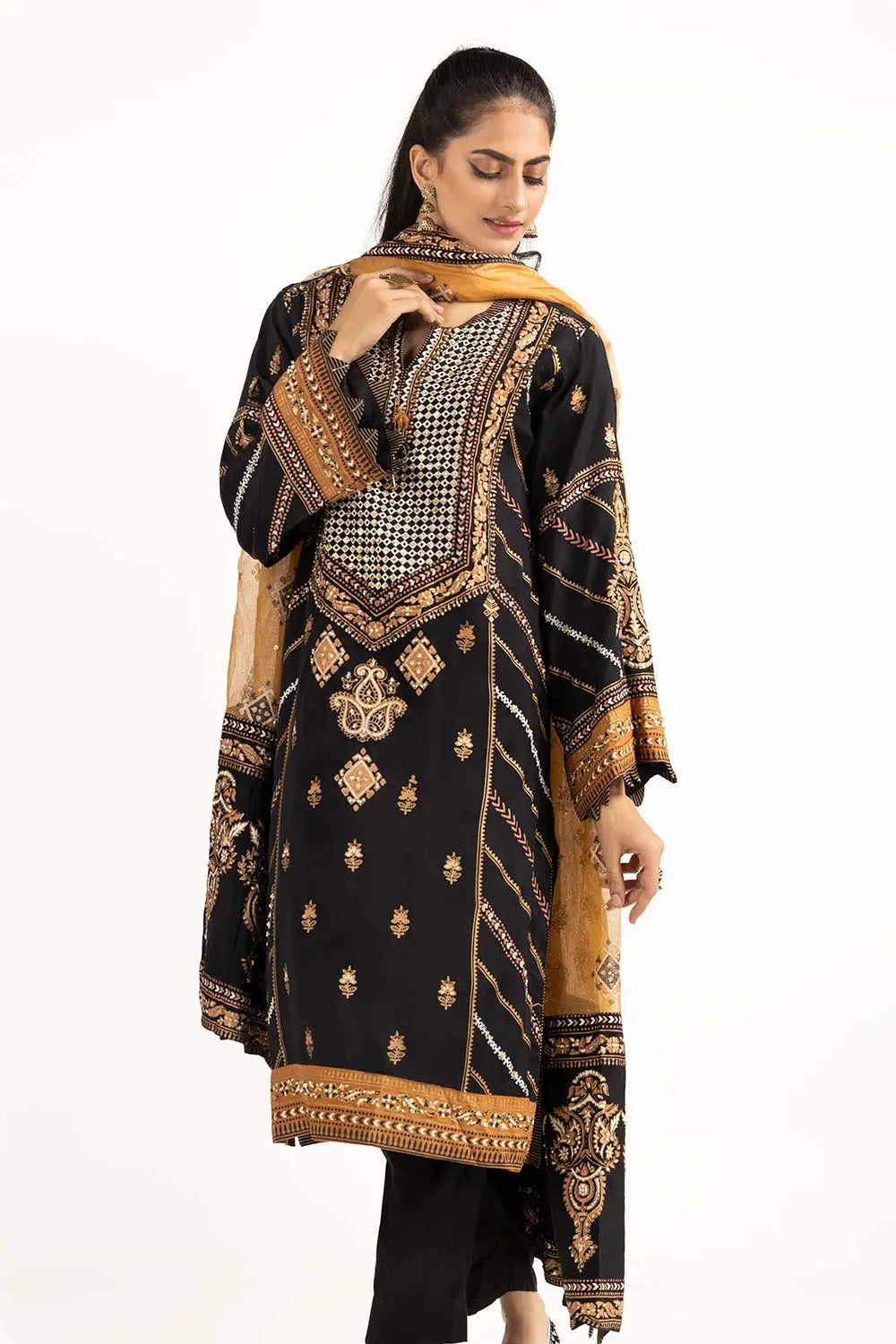 Tehwaar Raw Silk Block-Printed Shirt & Trousers with Matching Dupatta